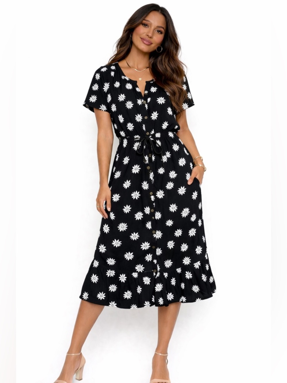 J. Jill Black & White Floral Ruffled Hem Dress Size Medium